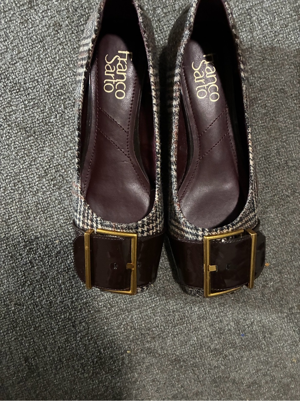 Franco Sarto Tweed Flats with Gold Buckle and Dark Brown Trim